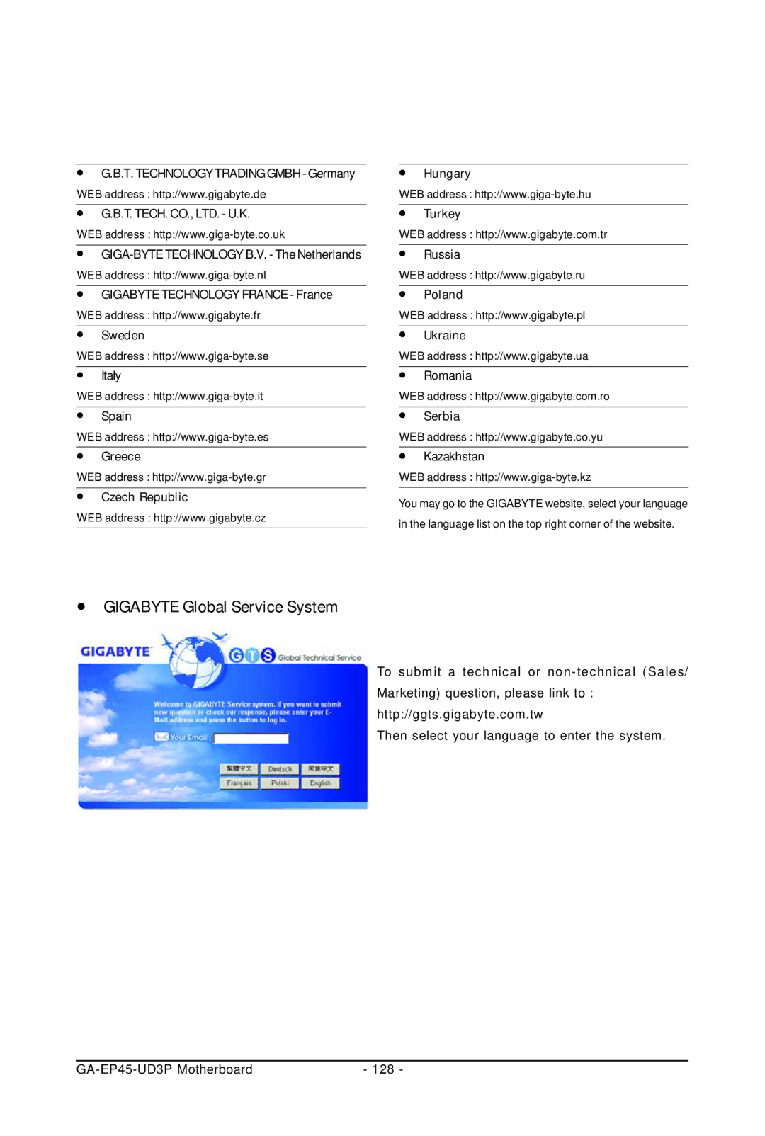 Gigabyte GA-EP45-UD3P user manual Gigabyte Global Service System 