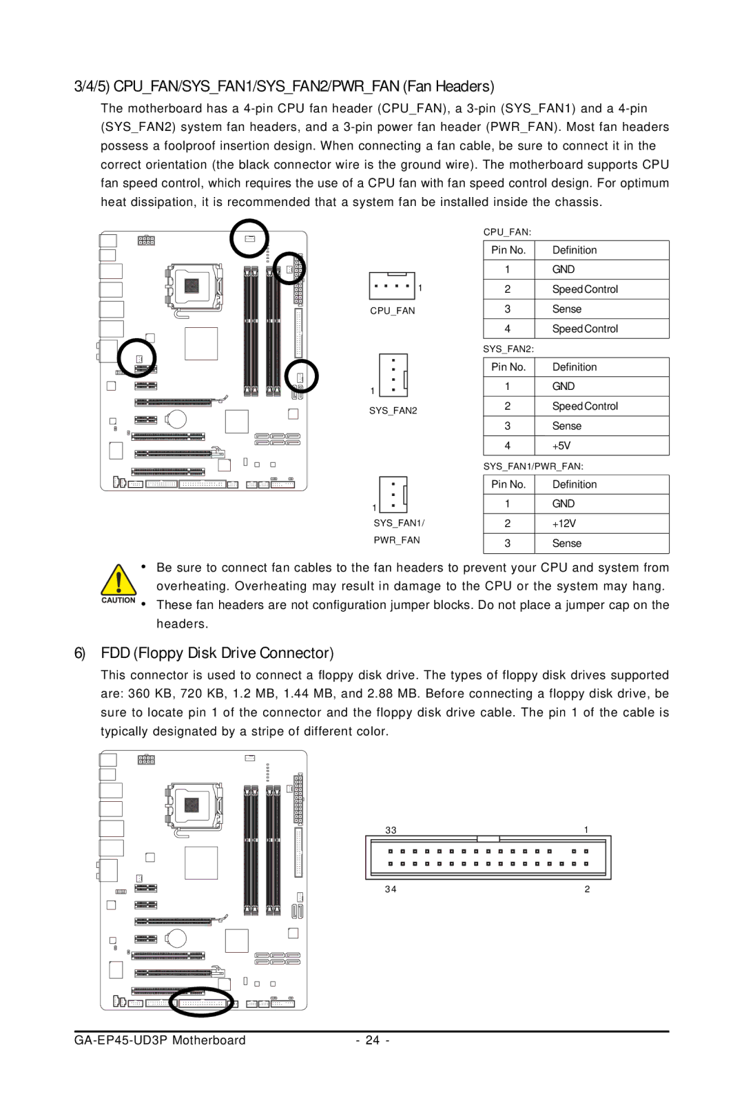 Gigabyte GA-EP45-UD3P user manual CPUFAN/SYSFAN1/SYSFAN2/PWRFAN Fan Headers, FDD Floppy Disk Drive Connector 