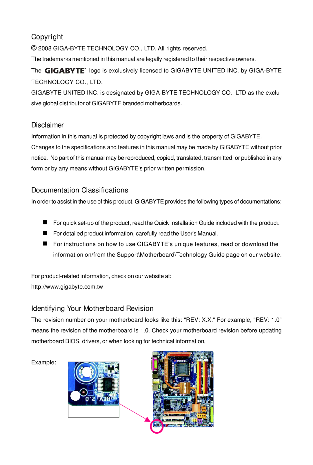 Gigabyte GA-EP45-UD3P Copyright, Disclaimer, Documentation Classifications, Identifying Your Motherboard Revision 