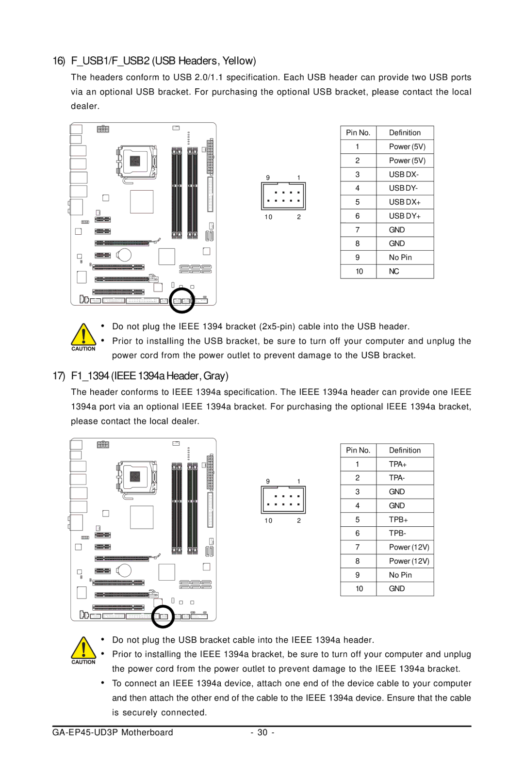 Gigabyte GA-EP45-UD3P user manual FUSB1/FUSB2 USB Headers, Yellow, 17 F11394 Ieee 1394a Header, Gray 