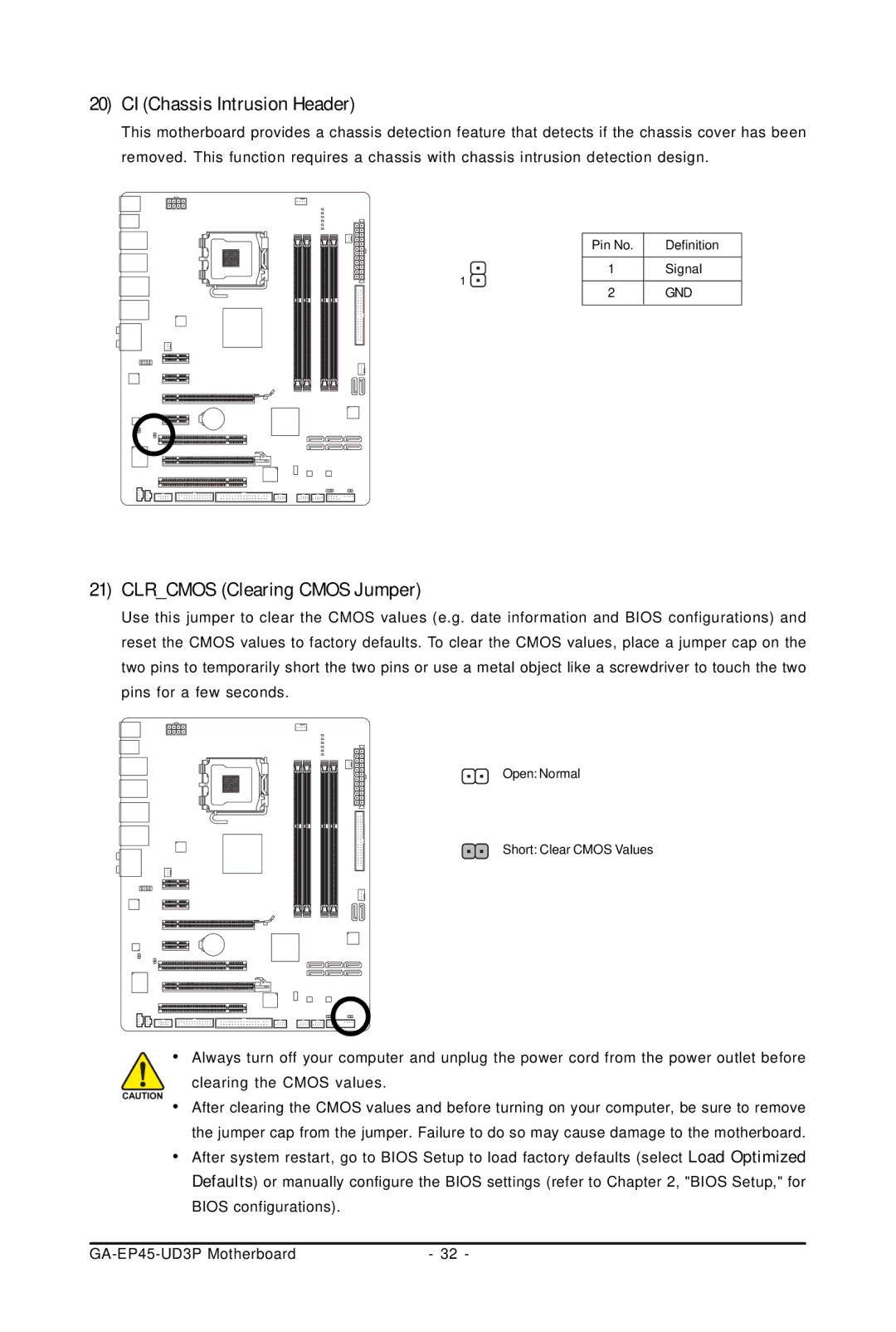 Gigabyte GA-EP45-UD3P user manual CI Chassis Intrusion Header, Clrcmos Clearing Cmos Jumper 