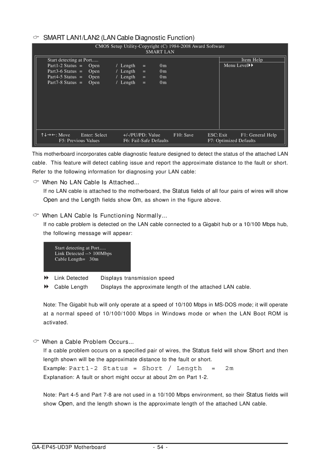 Gigabyte GA-EP45-UD3P user manual Smart LAN1/LAN2 LAN Cable Diagnostic Function, When No LAN Cable Is Attached 