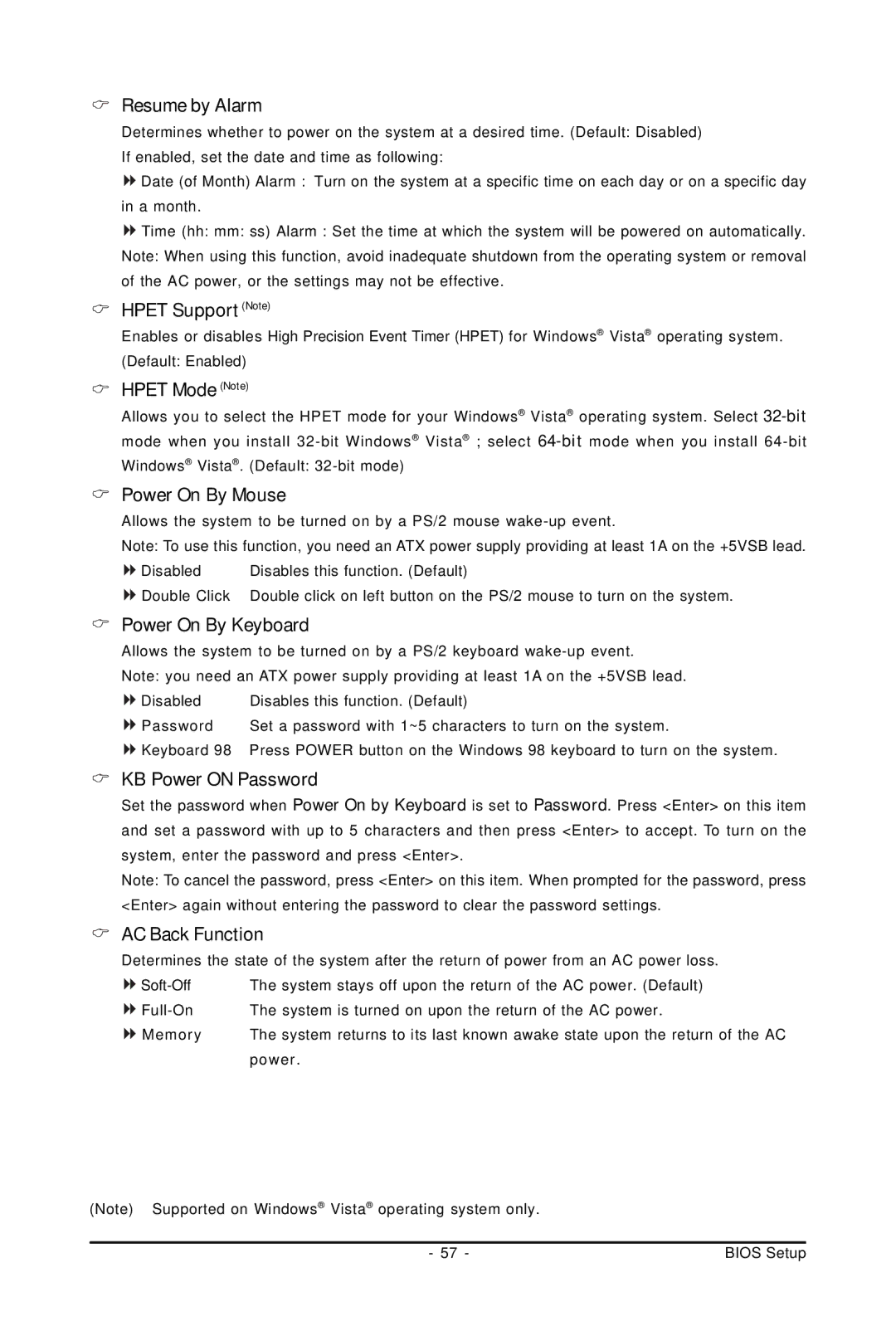 Gigabyte GA-EP45-UD3P Resume by Alarm, Hpet Support Note, Hpet Mode Note, Power On By Mouse, Power On By Keyboard 