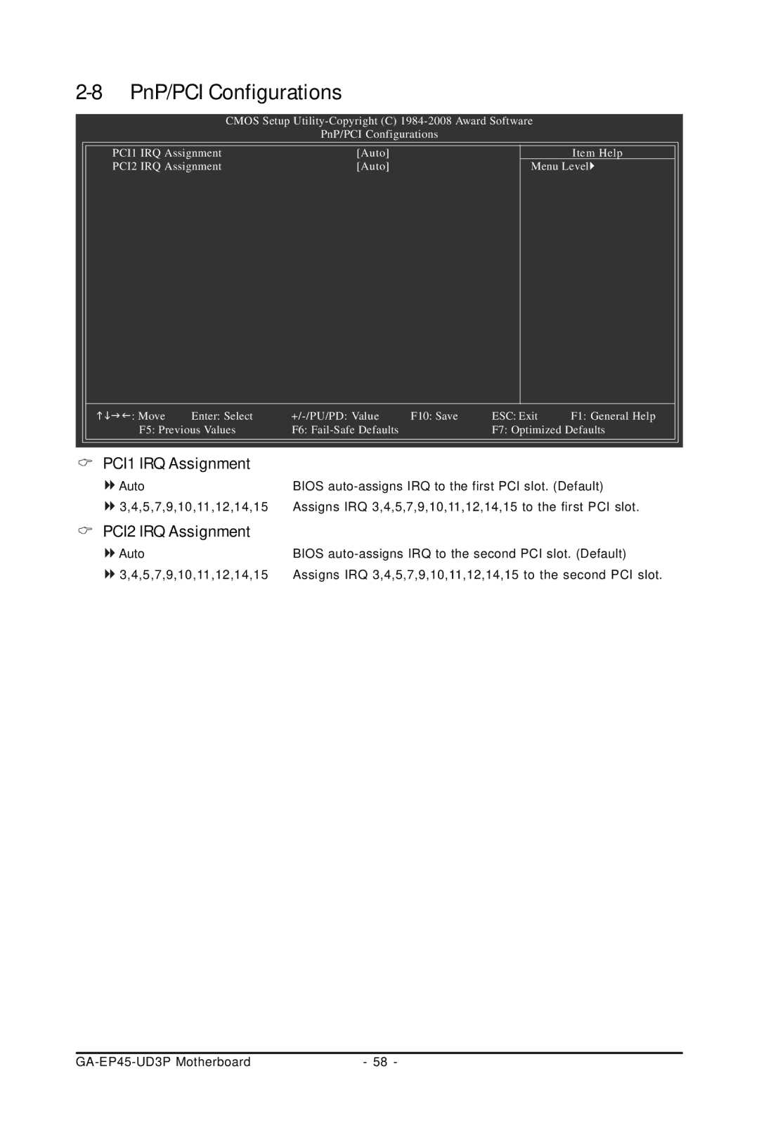 Gigabyte GA-EP45-UD3P user manual PnP/PCI Configurations, PCI1 IRQ Assignment, PCI2 IRQ Assignment 