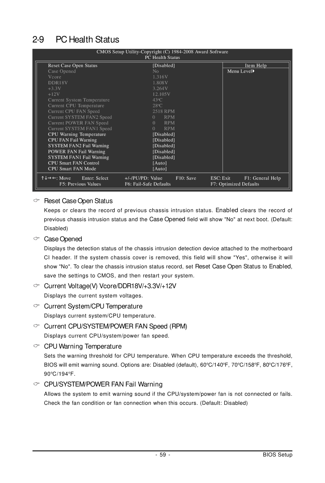 Gigabyte GA-EP45-UD3P user manual Reset Case Open Status, Case Opened, Current VoltageV Vcore/DDR18V/+3.3V/+12V 