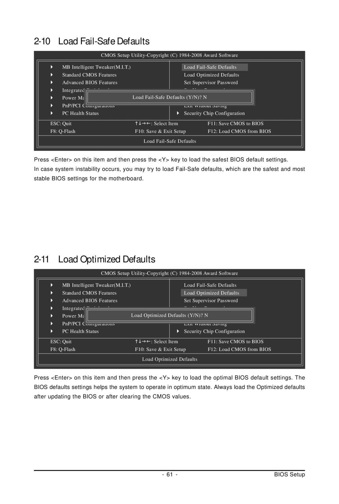 Gigabyte GA-EP45-UD3P user manual Load Fail-Safe Defaults, Load Optimized Defaults 