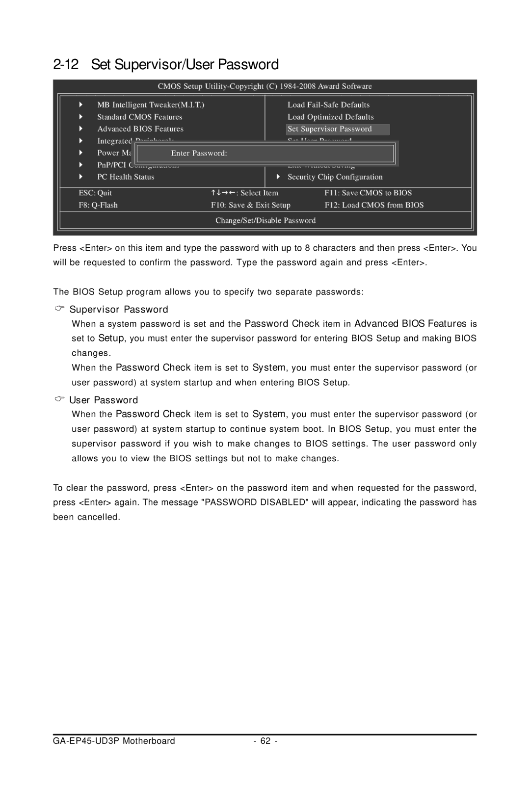 Gigabyte GA-EP45-UD3P user manual Supervisor Password, User Password 