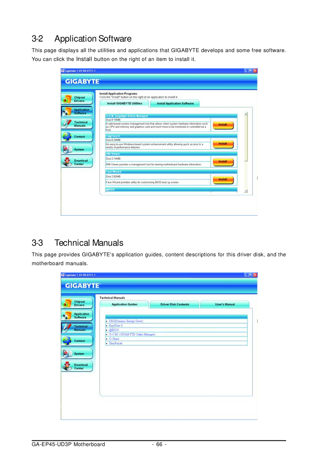 Gigabyte GA-EP45-UD3P user manual Application Software, Technical Manuals 