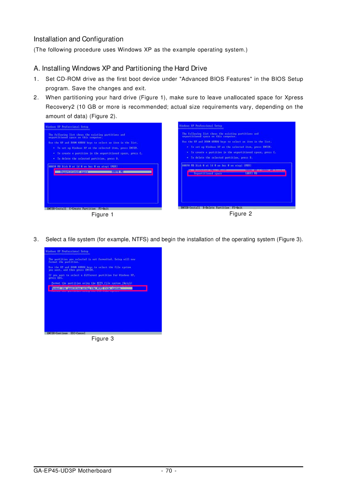 Gigabyte GA-EP45-UD3P user manual Installation and Configuration, Installing Windows XP and Partitioning the Hard Drive 