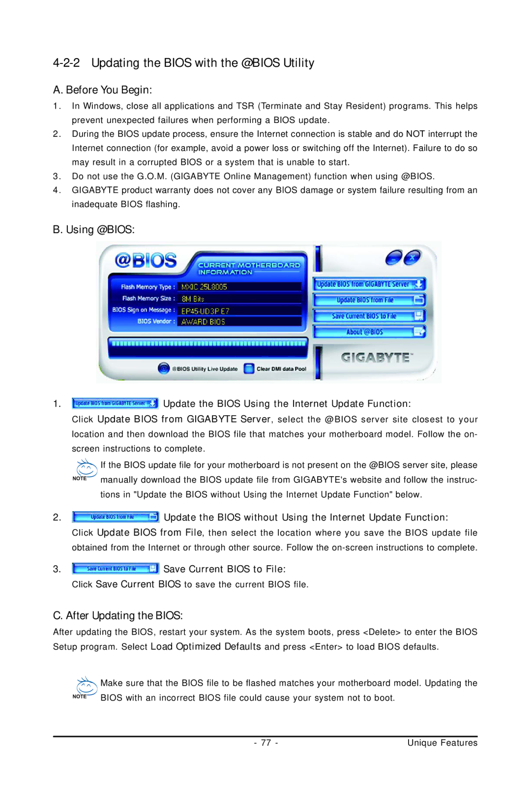 Gigabyte GA-EP45-UD3P user manual Updating the Bios with the @BIOS Utility, Using @BIOS, After Updating the Bios 