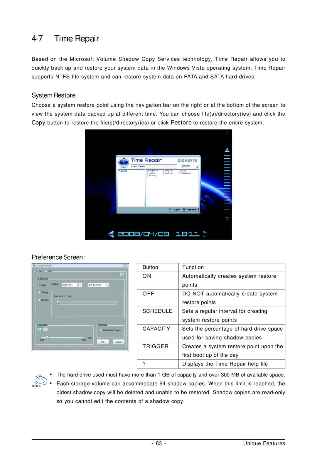 Gigabyte GA-EP45-UD3P user manual Time Repair, System Restore, Preference Screen 