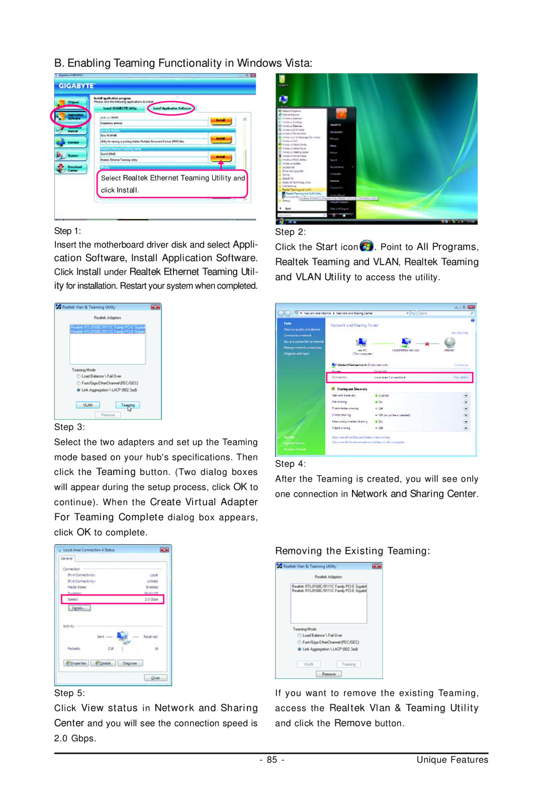 Gigabyte GA-EP45-UD3P Enabling Teaming Functionality in Windows Vista, Cation Software, Install Application Software 