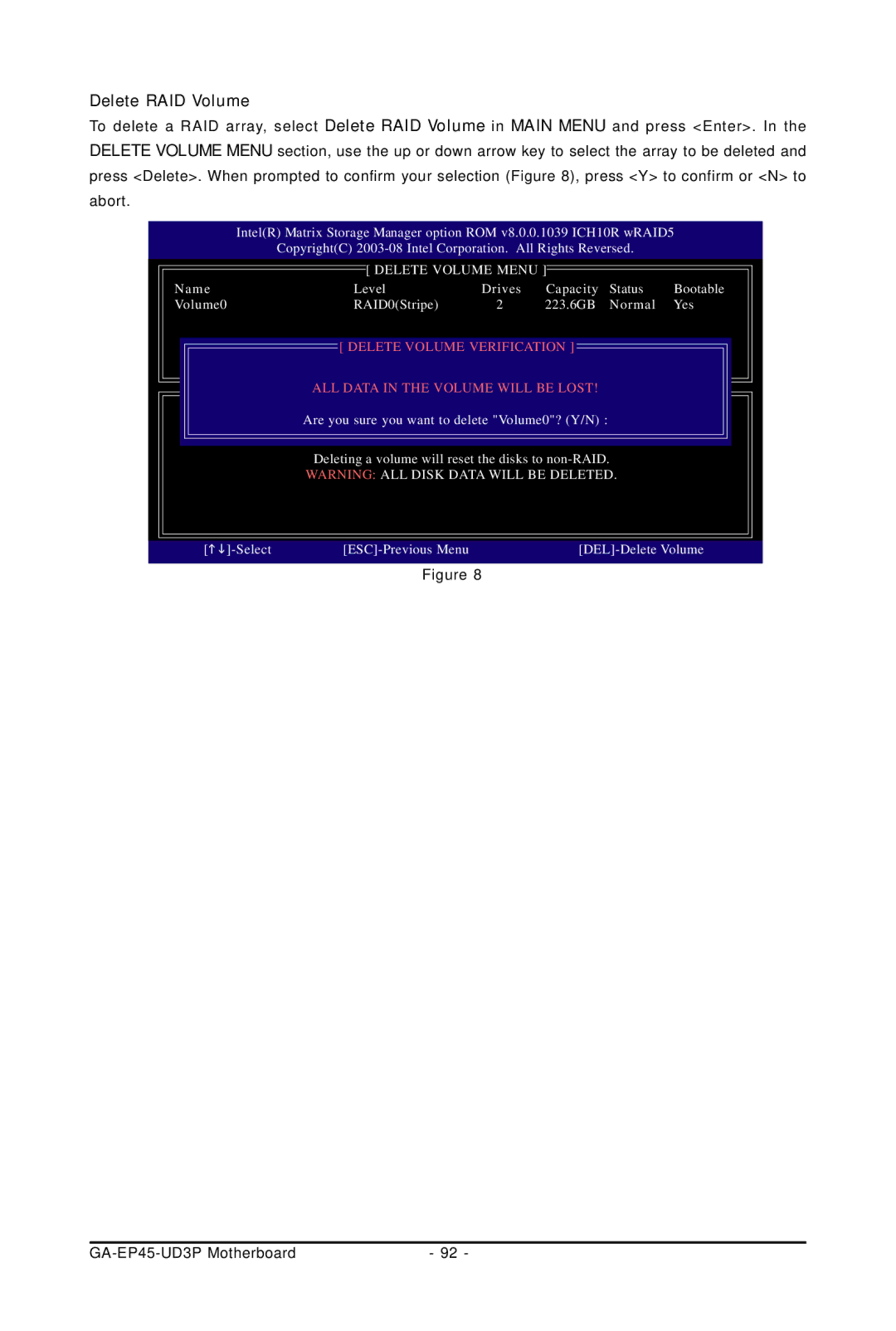 Gigabyte GA-EP45-UD3P user manual Delete RAID Volume, Delete Volume Menu 