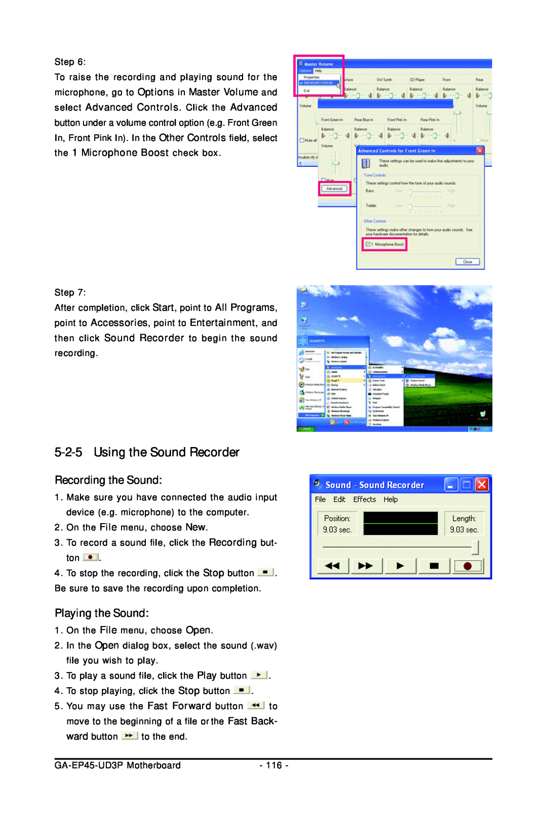Gigabyte GA-EP45-UD3P user manual Using the Sound Recorder, Recording the Sound, Playing the Sound 