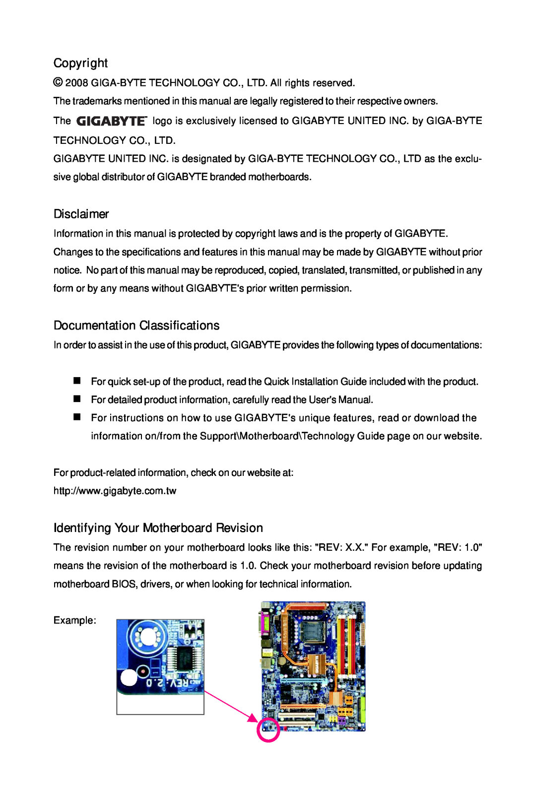 Gigabyte GA-EP45-UD3P Copyright, Disclaimer, Documentation Classifications, Identifying Your Motherboard Revision, Example 