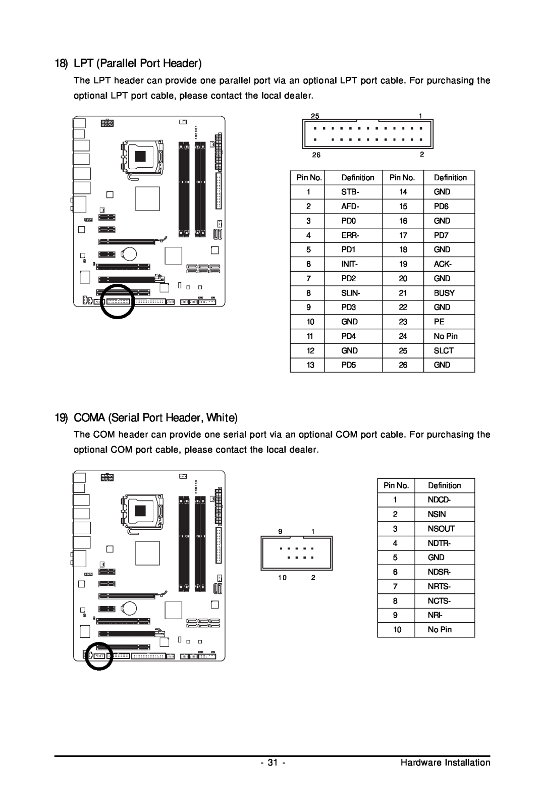 Gigabyte GA-EP45-UD3P user manual LPT Parallel Port Header, COMA Serial Port Header, White 