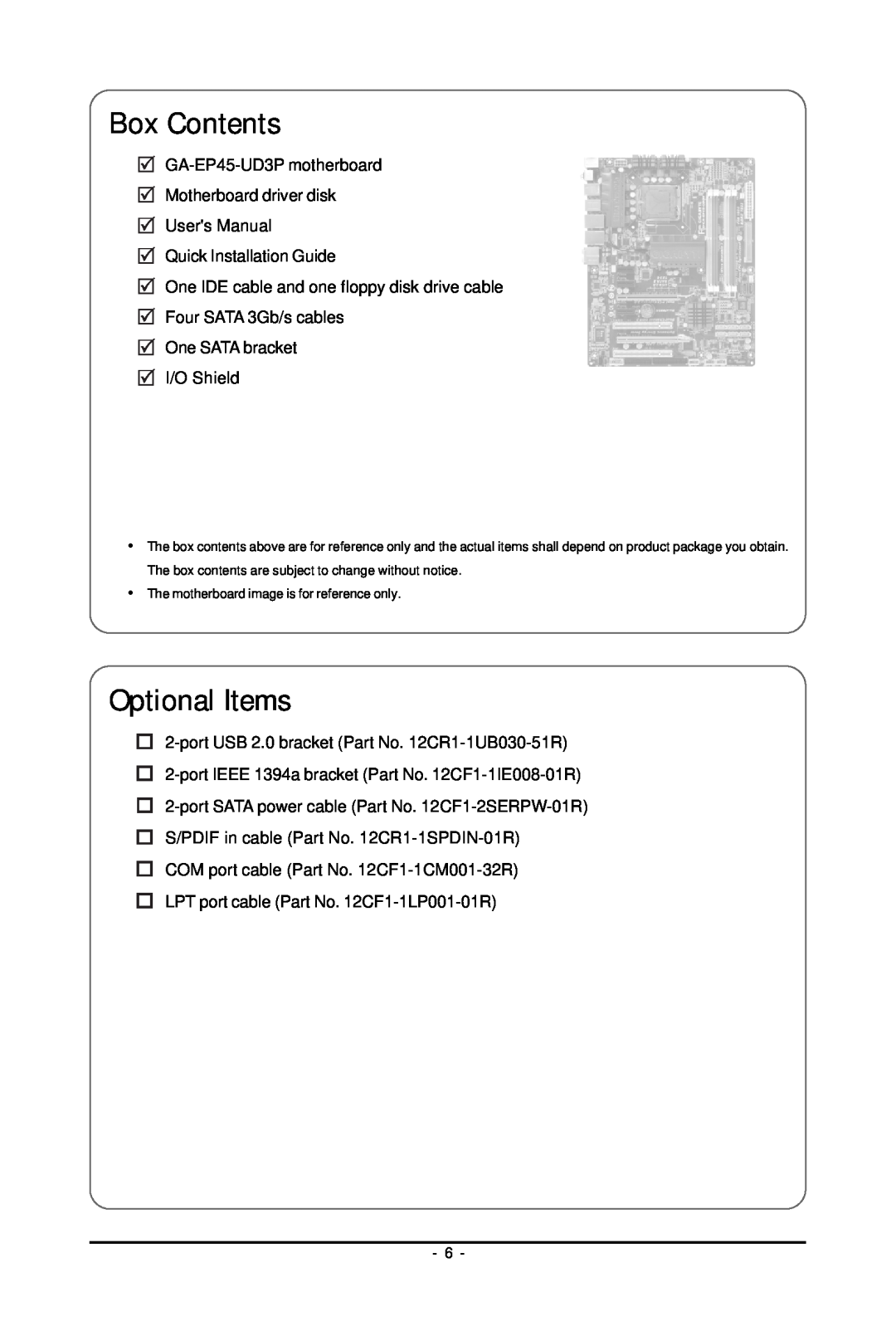 Gigabyte GA-EP45-UD3P user manual Box Contents, Optional Items 