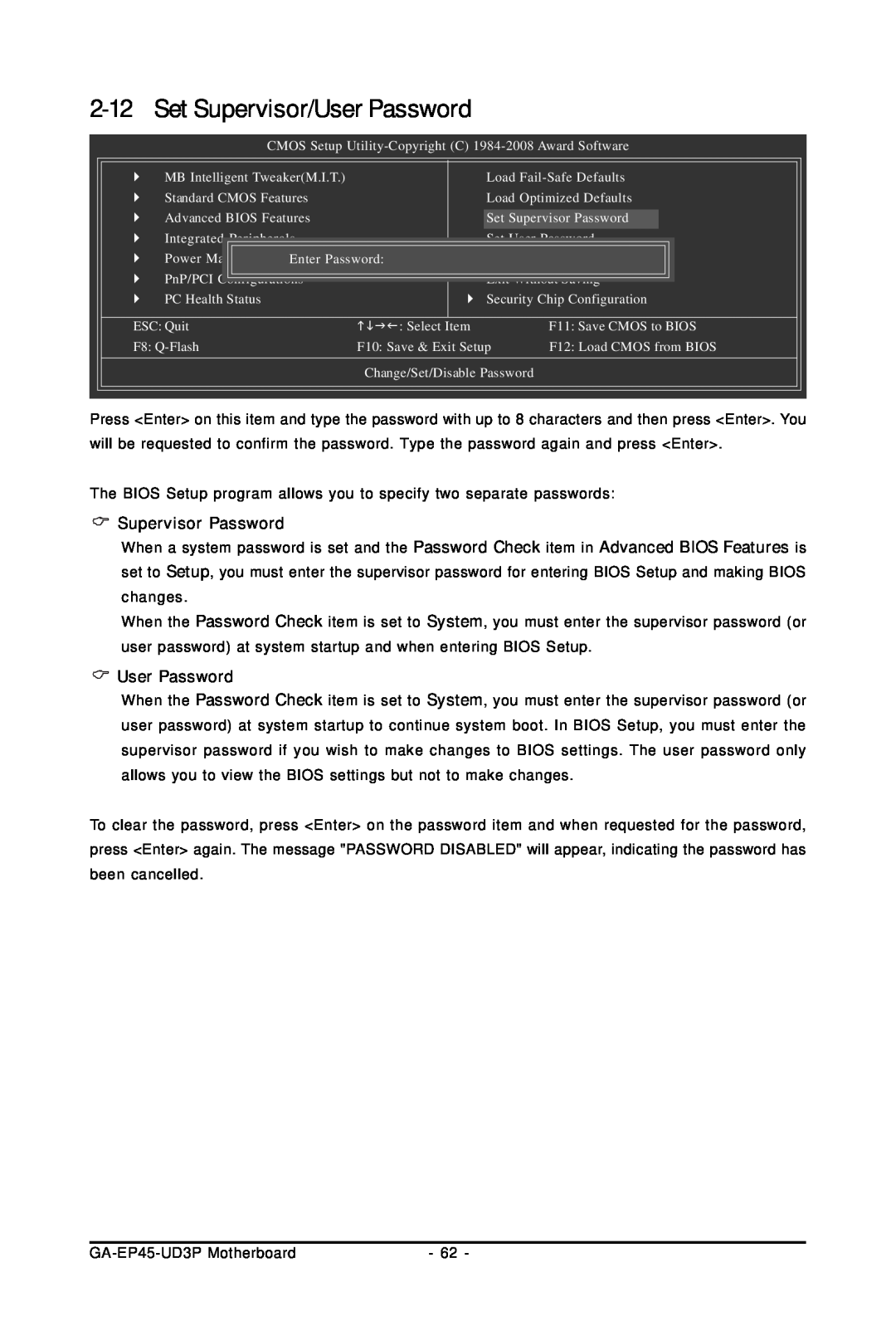 Gigabyte GA-EP45-UD3P user manual 2-12, Set Supervisor/User Password, Supervisor Password 