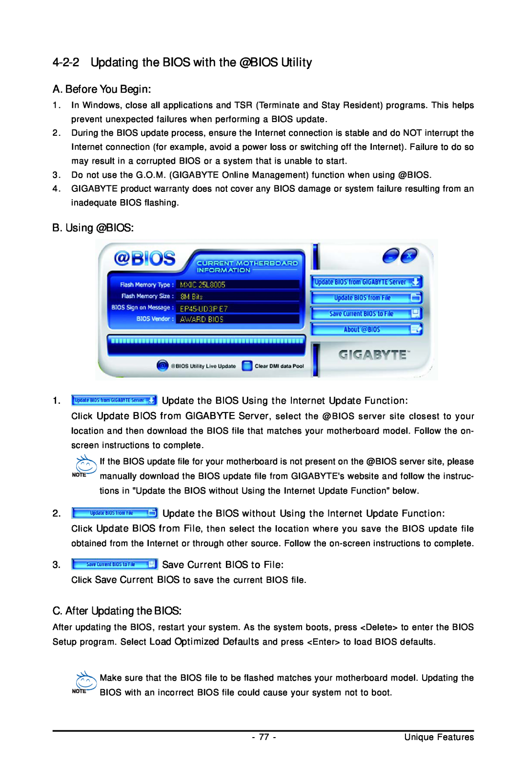 Gigabyte GA-EP45-UD3P user manual Updating the BIOS with the @BIOS Utility, B. Using @BIOS, C. After Updating the BIOS 