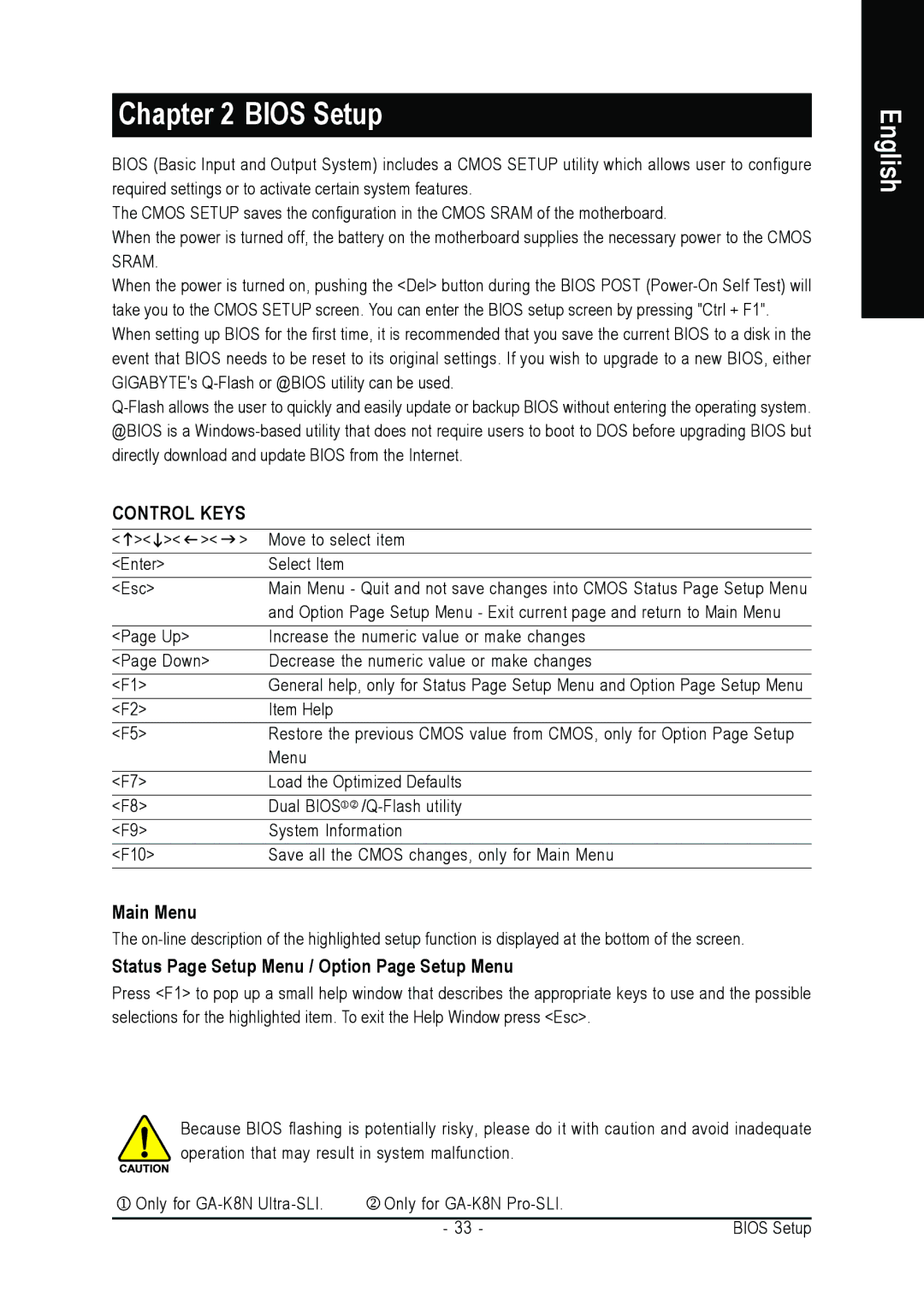 Gigabyte GA-K8NULTRA-SLI, GA-K8N-SLI user manual Main Menu, Status Page Setup Menu / Option Page Setup Menu 