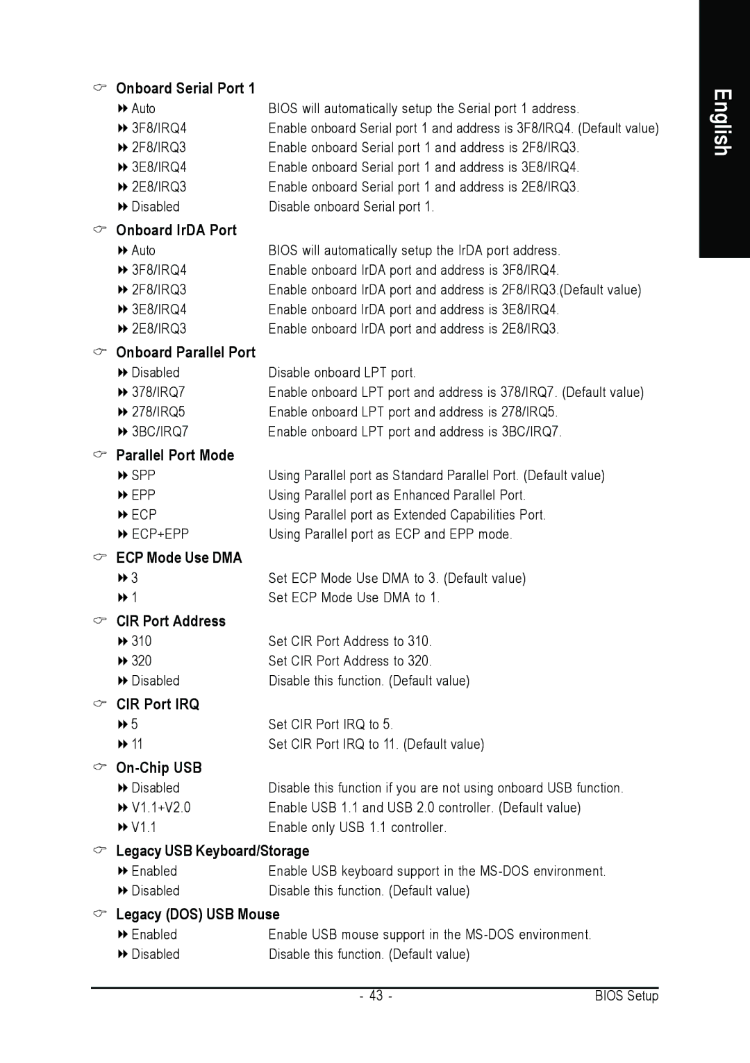 Gigabyte GA-K8NULTRA-SLI Onboard Serial Port, Onboard IrDA Port, Onboard Parallel Port, Parallel Port Mode, CIR Port IRQ 