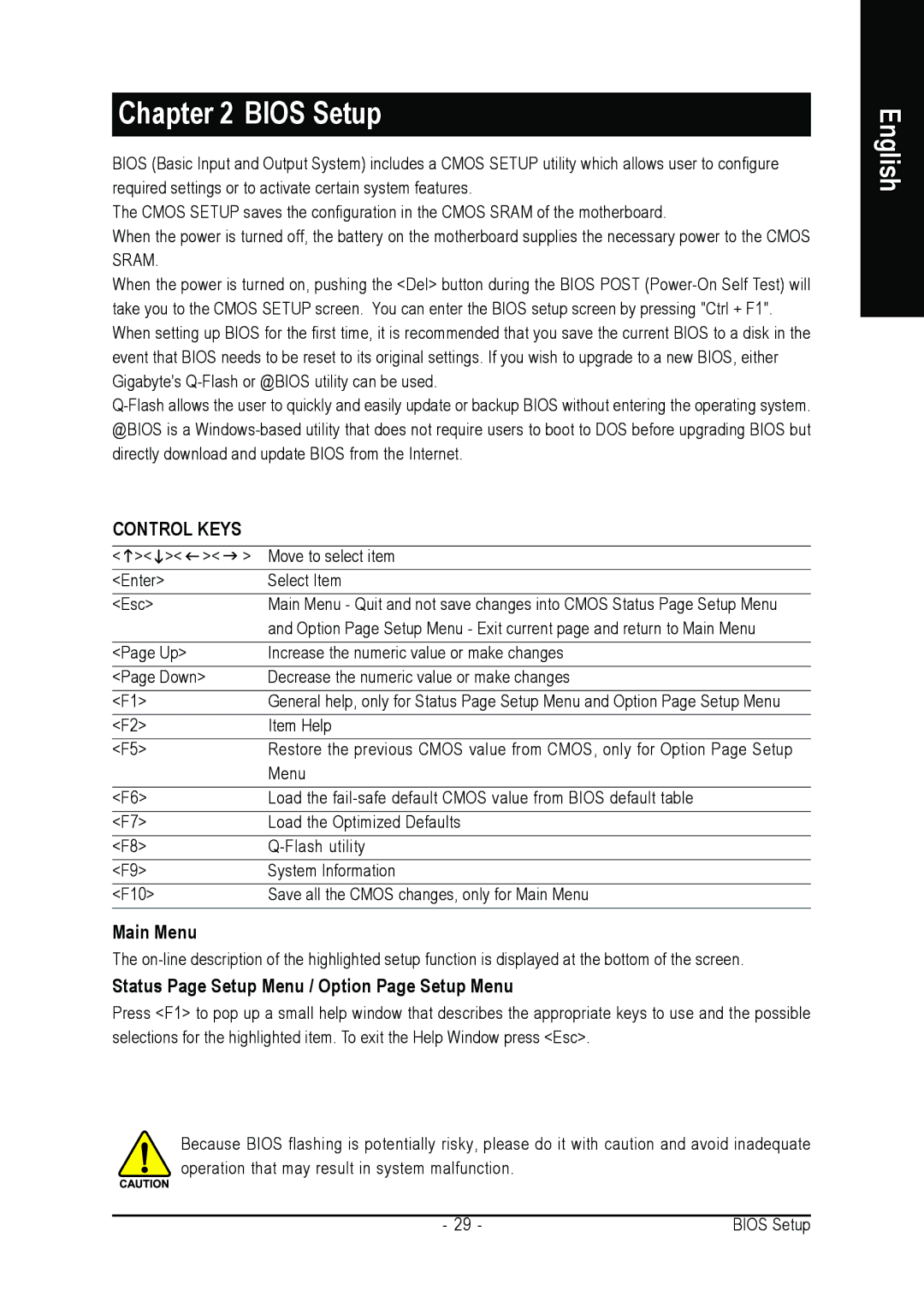 Gigabyte GA-K8N51GMF-9-RH user manual Main Menu, Status Page Setup Menu / Option Page Setup Menu 