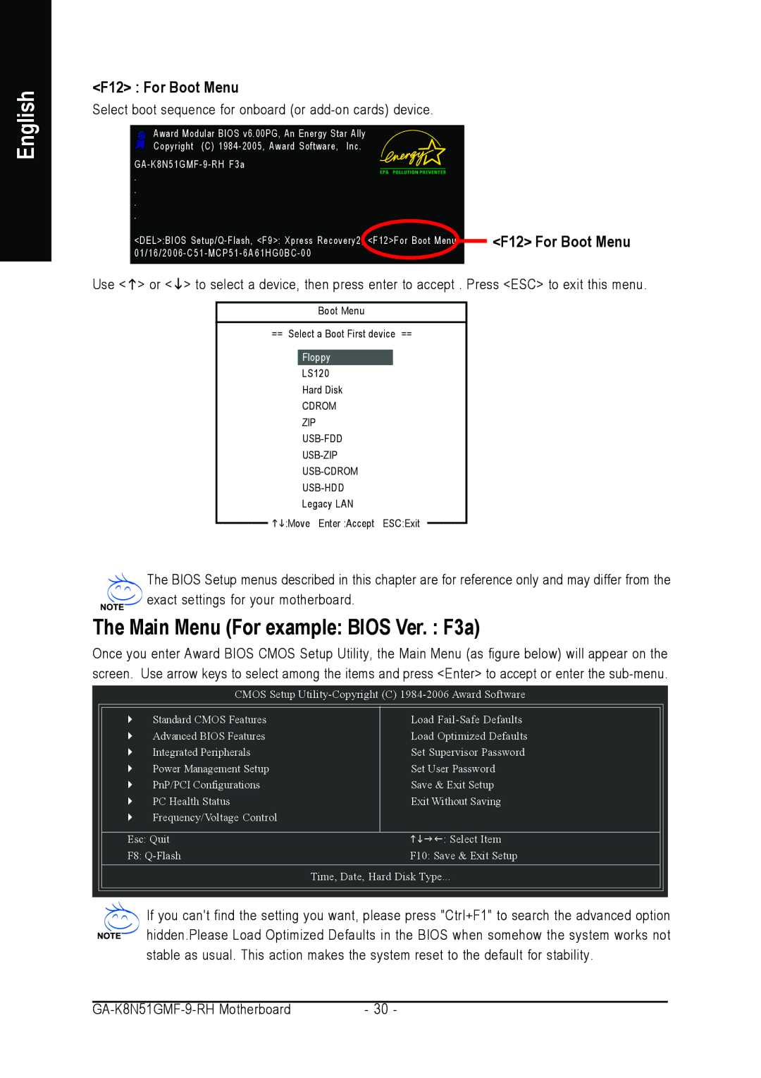 Gigabyte GA-K8N51GMF-9-RH user manual Main Menu For example Bios Ver. F3a, F12 For Boot Menu 