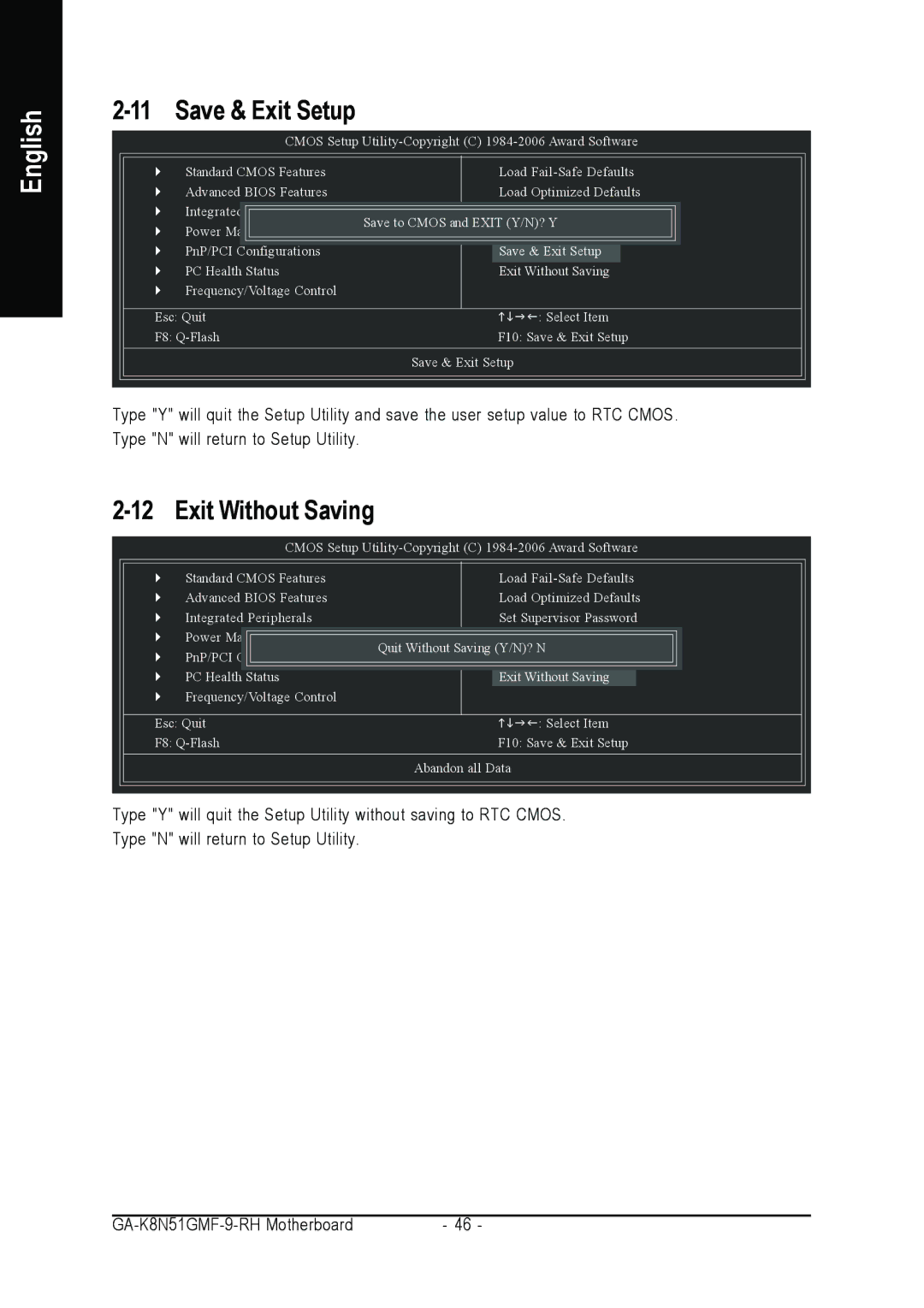 Gigabyte GA-K8N51GMF-9-RH user manual Save & Exit Setup, Exit Without Saving 