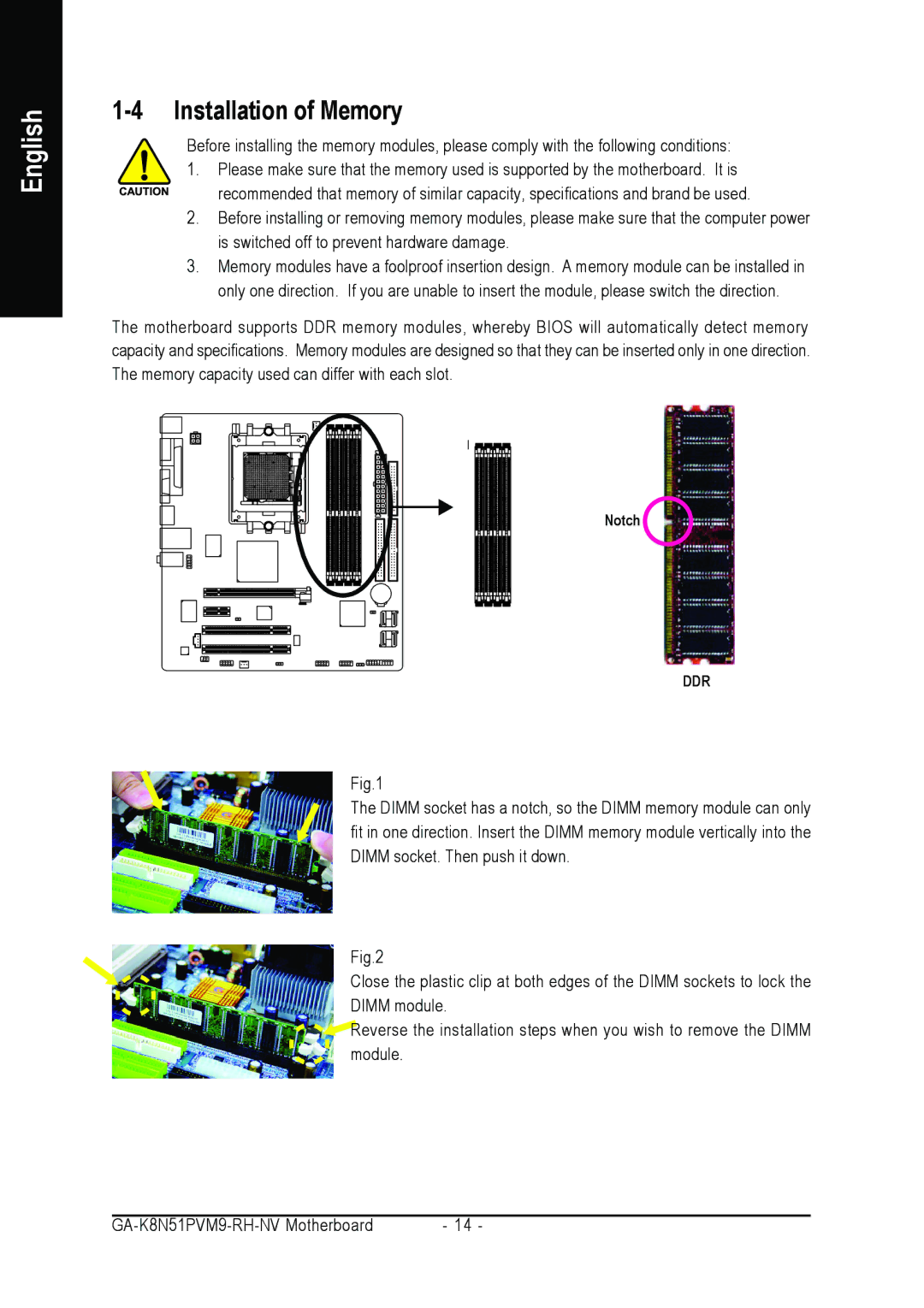 Gigabyte GA-K8N51PVM9-RH user manual Installation of Memory 