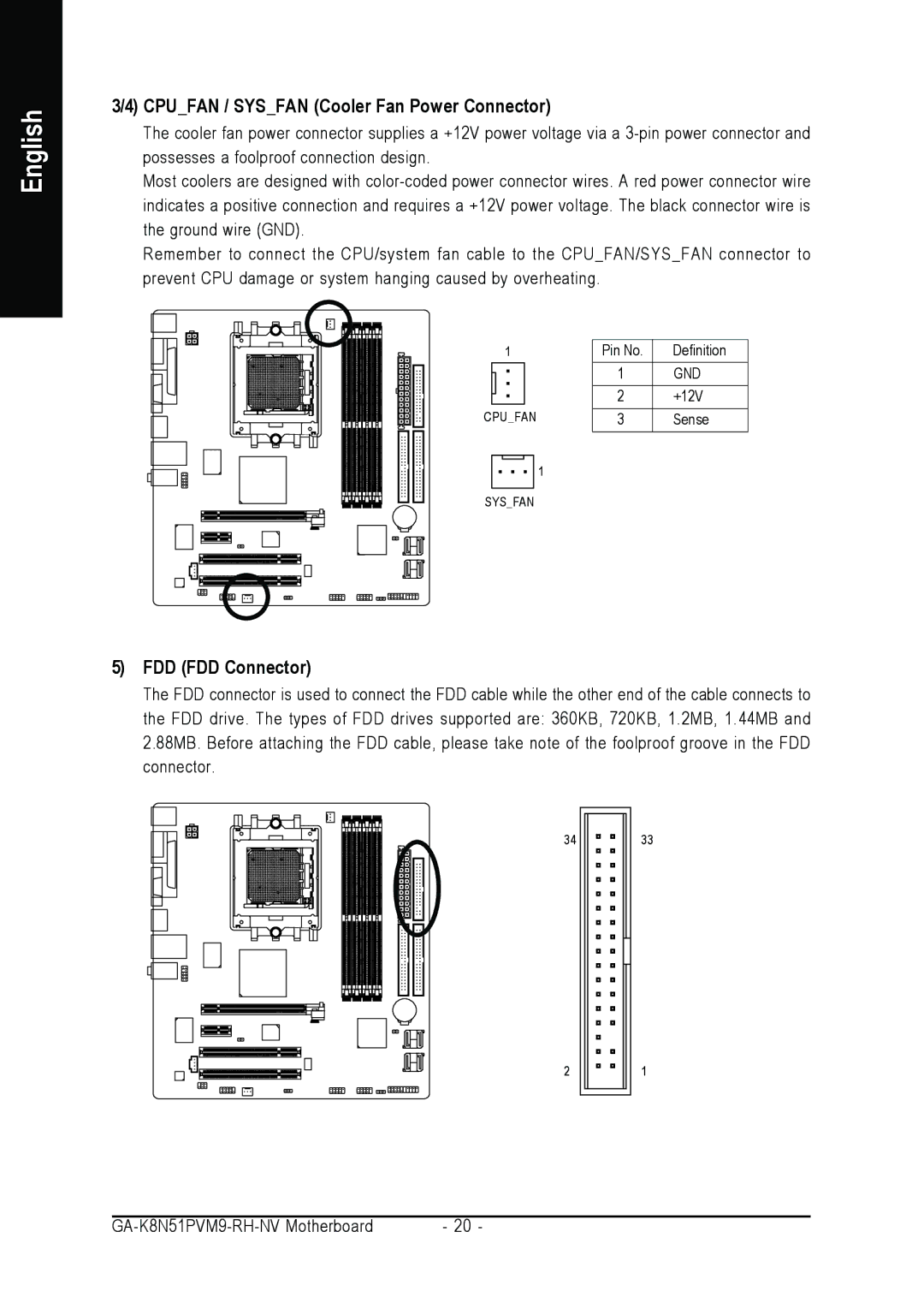 Gigabyte GA-K8N51PVM9-RH user manual Cpufan / Sysfan Cooler Fan Power Connector, FDD FDD Connector 