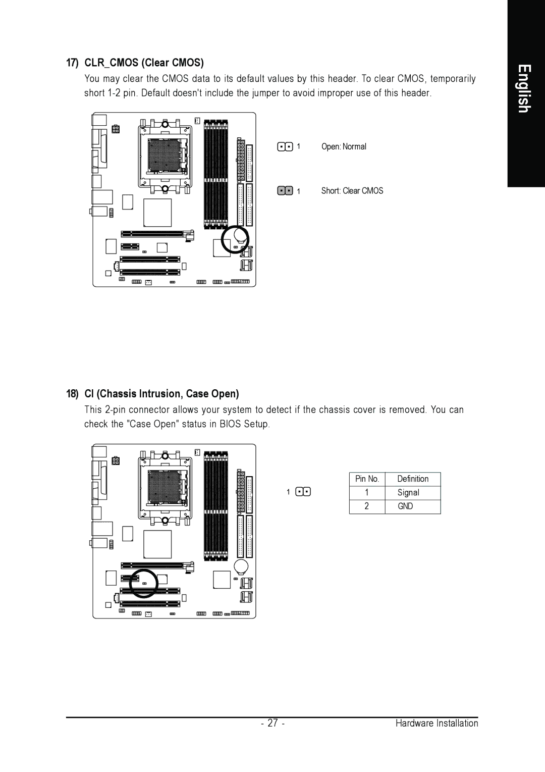 Gigabyte GA-K8N51PVM9-RH user manual Clrcmos Clear Cmos, CI Chassis Intrusion, Case Open 