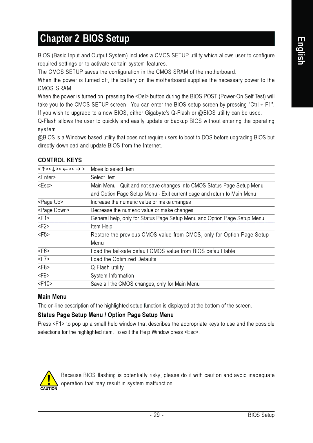 Gigabyte GA-K8N51PVM9-RH user manual Main Menu, Status Page Setup Menu / Option Page Setup Menu 