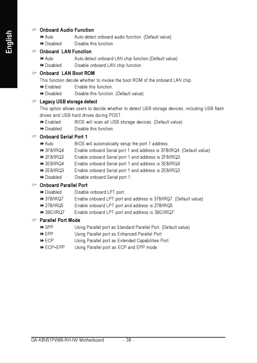 Gigabyte GA-K8N51PVM9-RH Onboard Audio Function, Onboard LAN Function, Onboard LAN Boot ROM, Legacy USB storage detect 