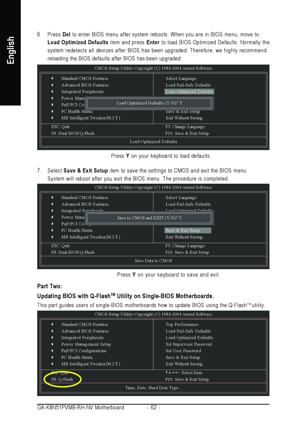 Gigabyte GA-K8N51PVM9-RH user manual Press Y on your keyboard to save and exit 