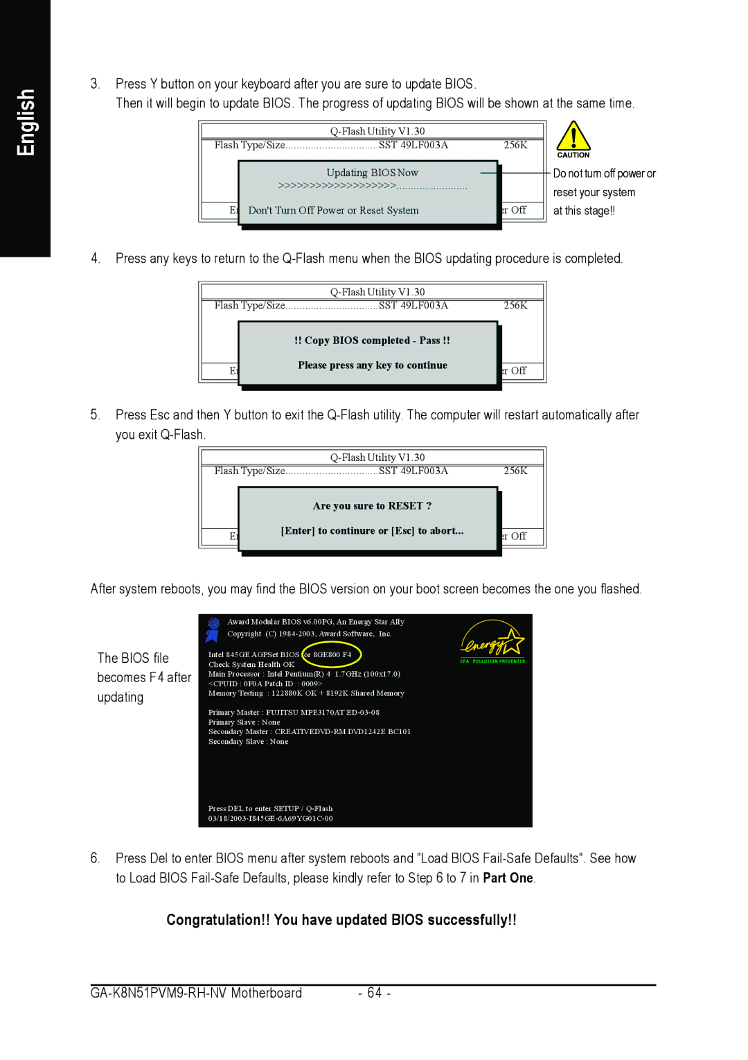 Gigabyte GA-K8N51PVM9-RH user manual Congratulation!! You have updated Bios successfully 