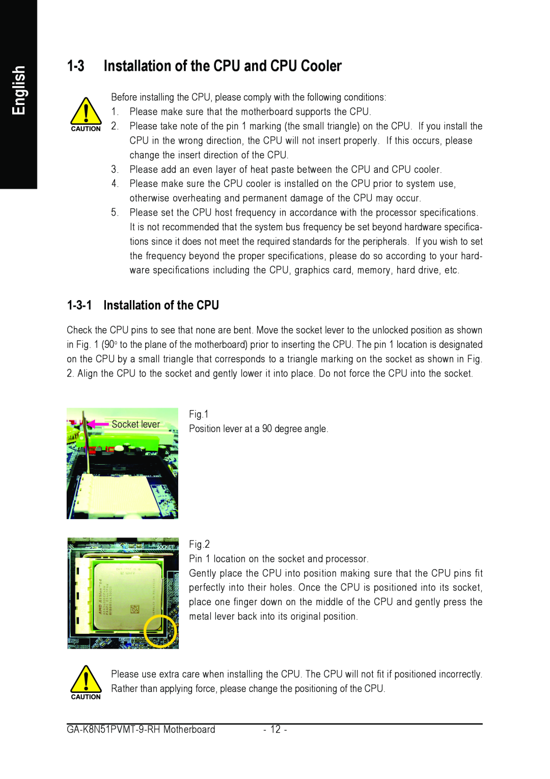 Gigabyte GA-K8N51PVMT-9-RH user manual Installation of the CPU and CPU Cooler, English 