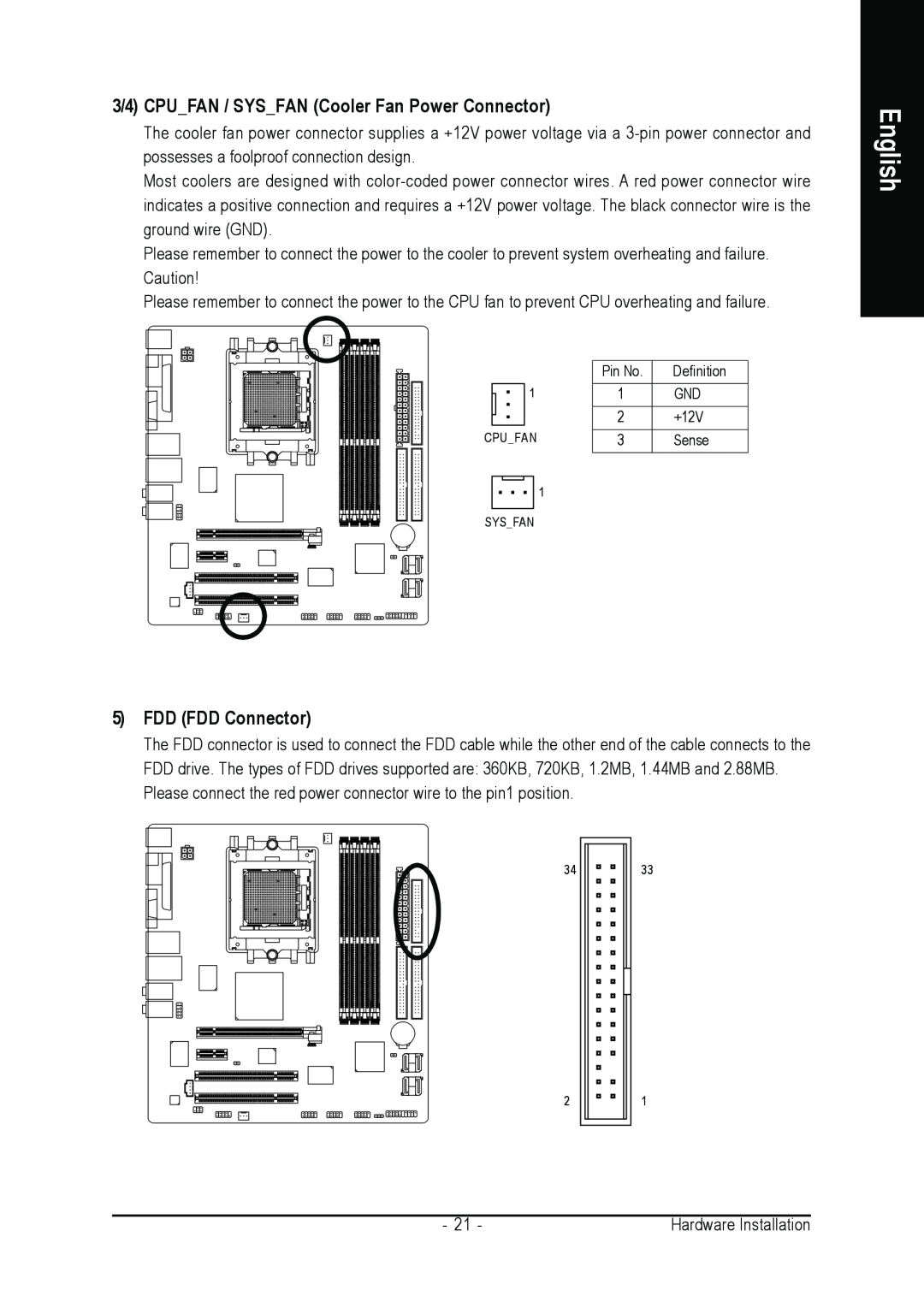 Gigabyte GA-K8N51PVMT-9-RH user manual 3/4 CPUFAN / SYSFAN Cooler Fan Power Connector, FDD FDD Connector, English 