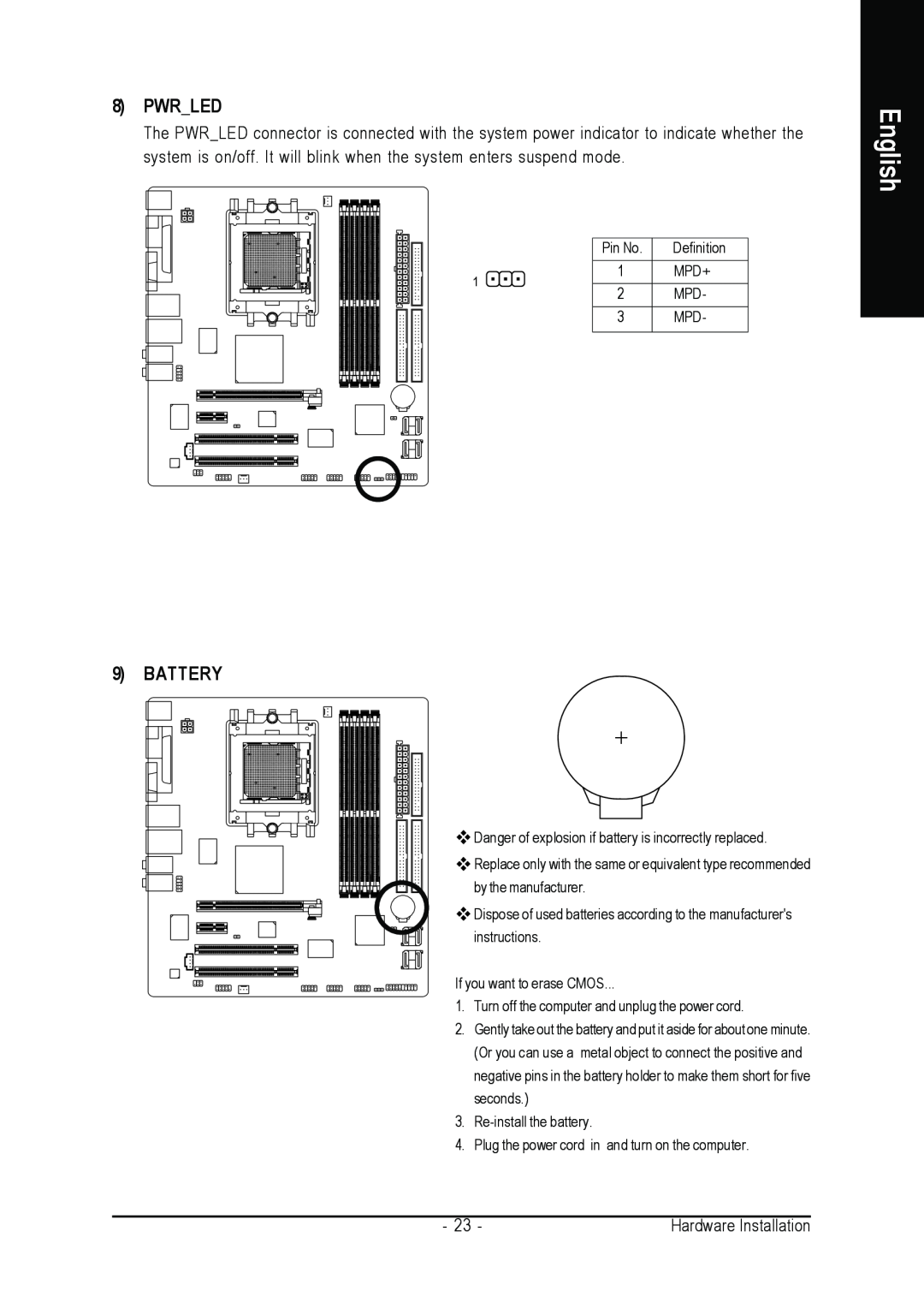 Gigabyte GA-K8N51PVMT-9-RH user manual Pwrled, Battery, English 