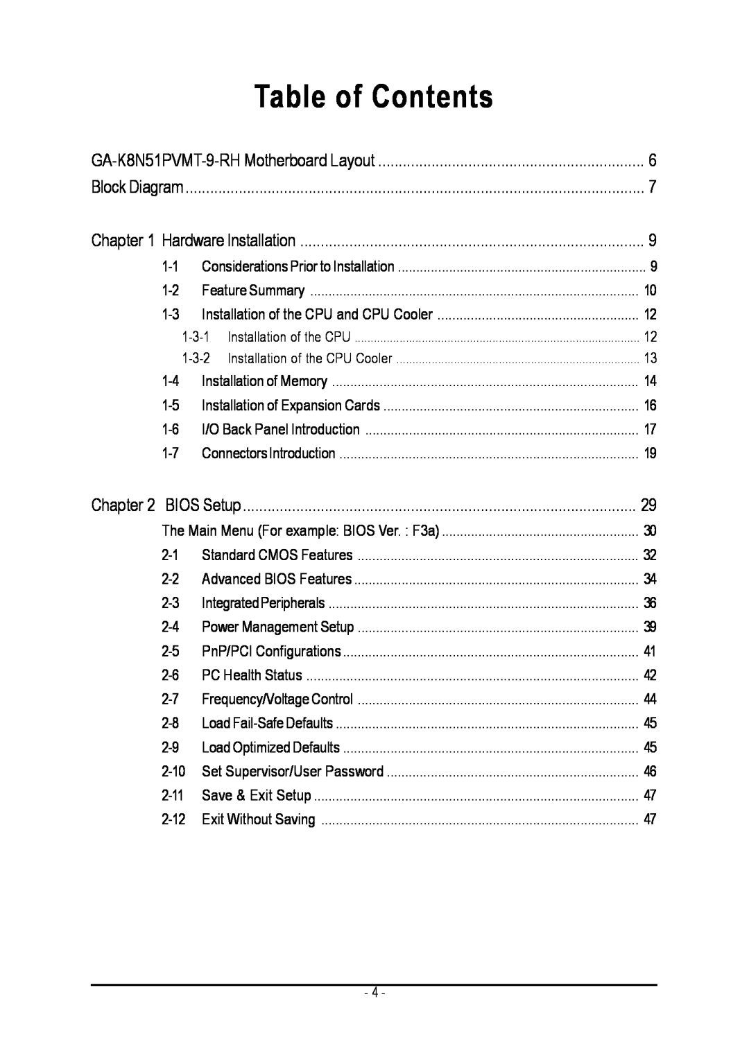 Gigabyte GA-K8N51PVMT-9-RH user manual Table of Contents 