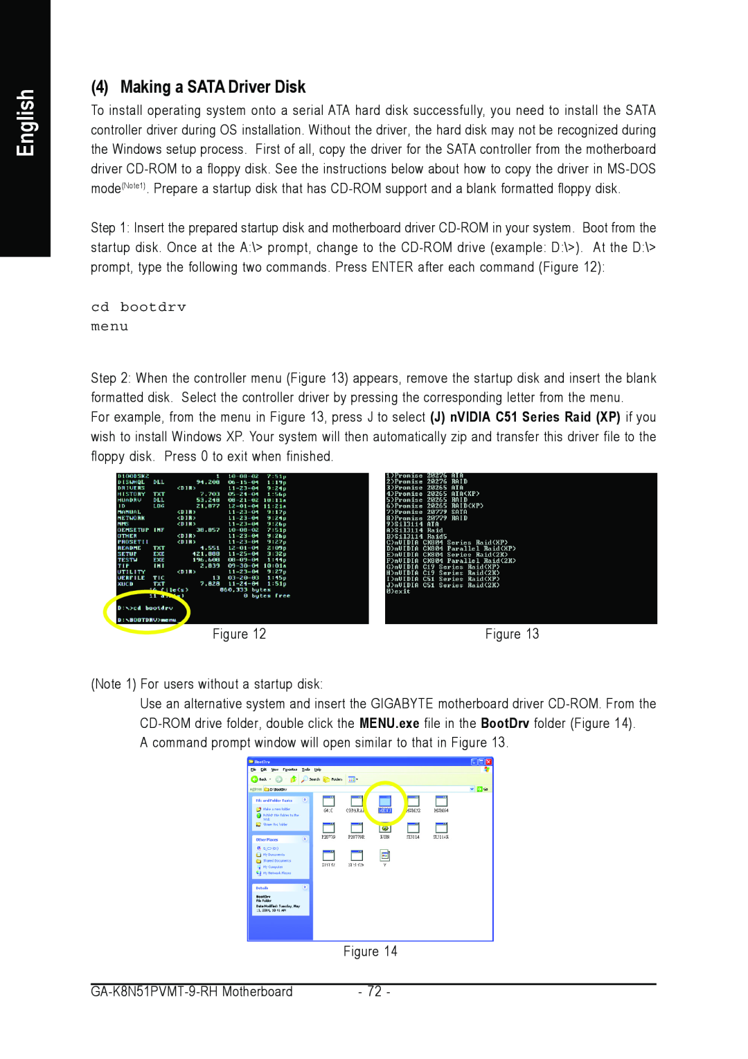 Gigabyte GA-K8N51PVMT-9-RH user manual Making a SATA Driver Disk, English, cd bootdrv menu 