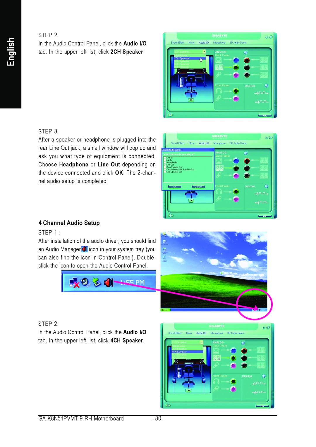 Gigabyte GA-K8N51PVMT-9-RH user manual Channel Audio Setup, English 