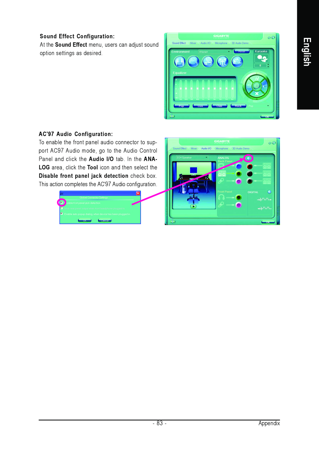 Gigabyte GA-K8N51PVMT-9-RH user manual English, Sound Effect Configuration, AC97 Audio Configuration 