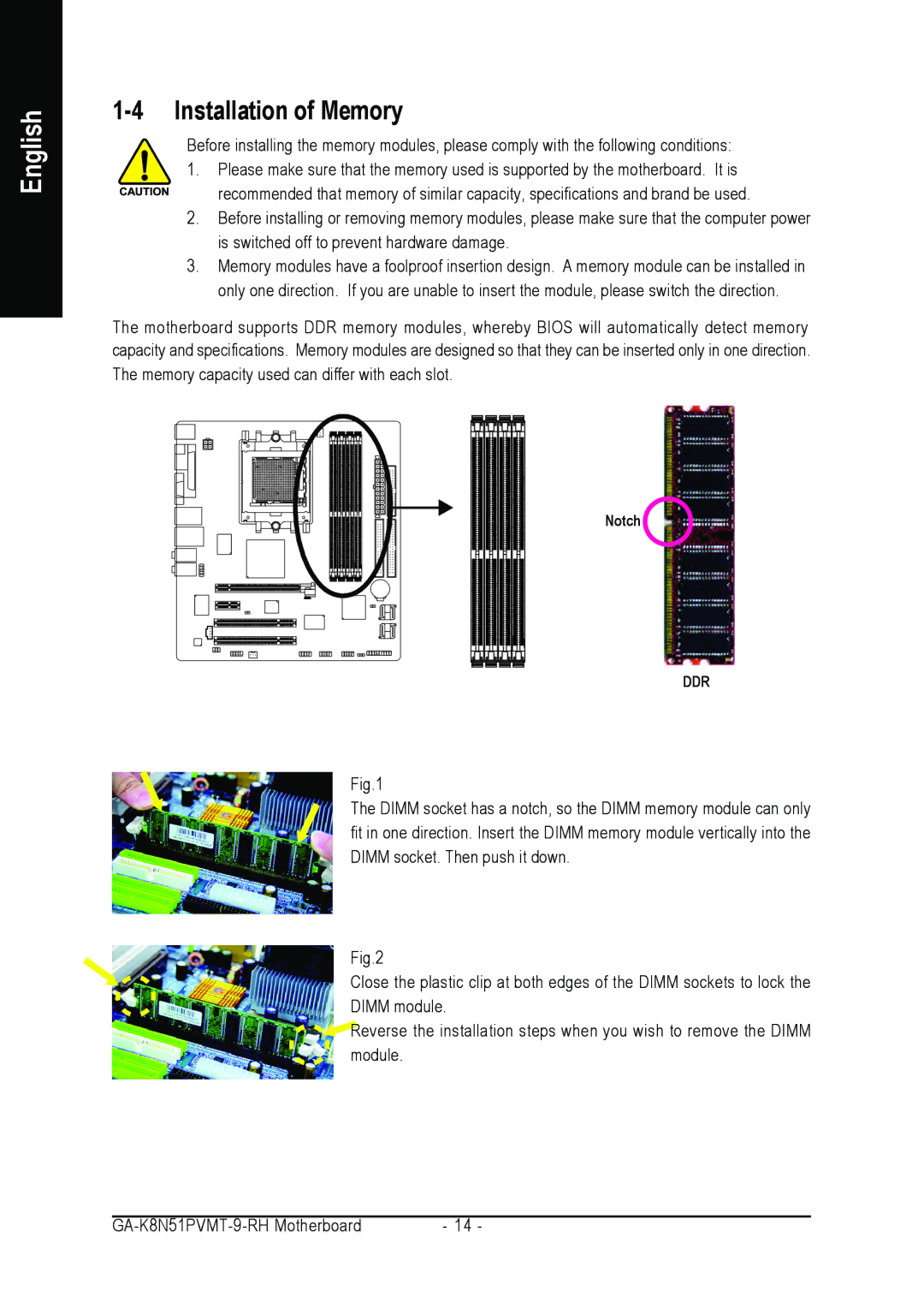 Gigabyte GA-K8N51PVMT-9-RH user manual Installation of Memory 