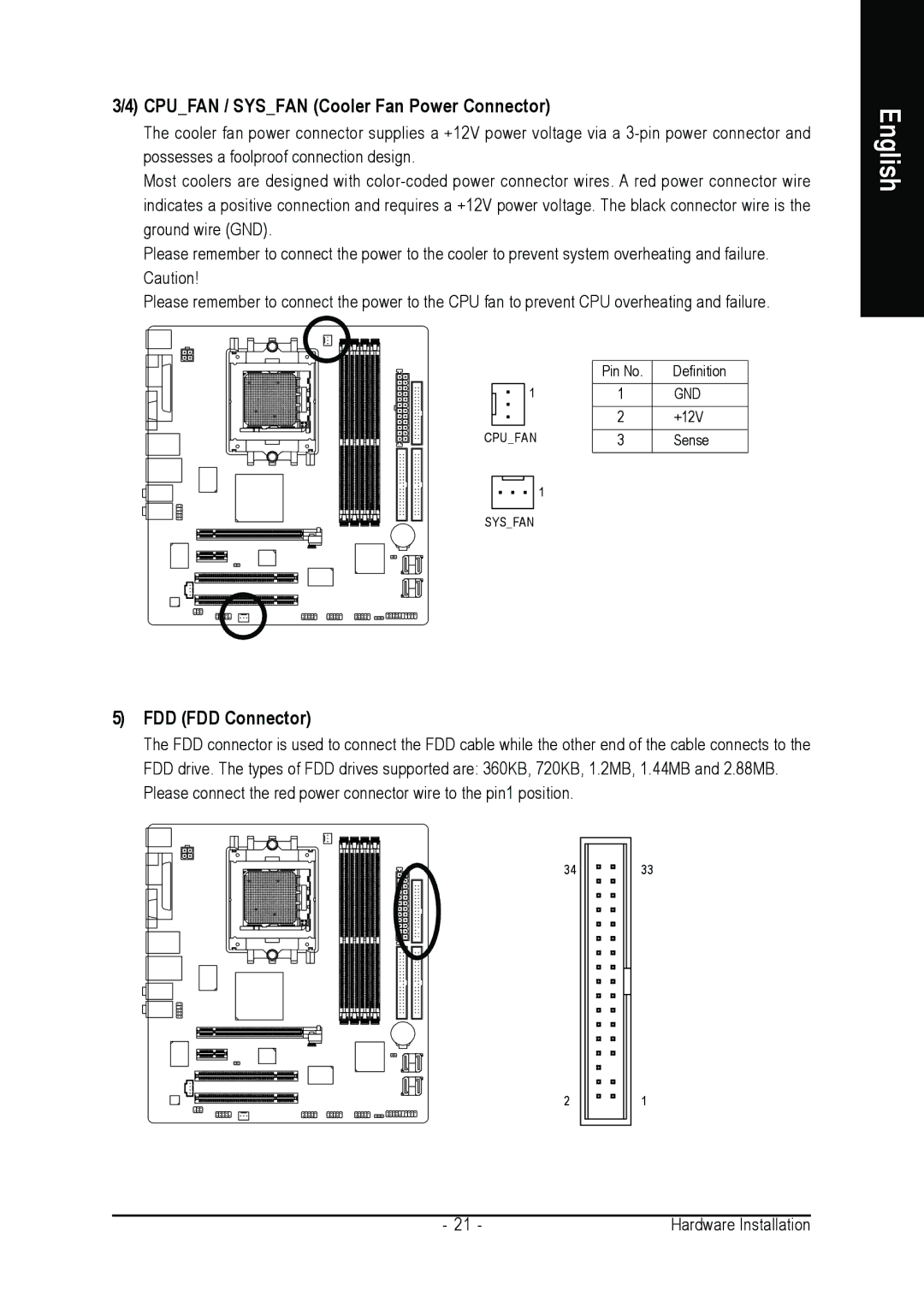 Gigabyte GA-K8N51PVMT-9-RH user manual Cpufan / Sysfan Cooler Fan Power Connector, FDD FDD Connector 