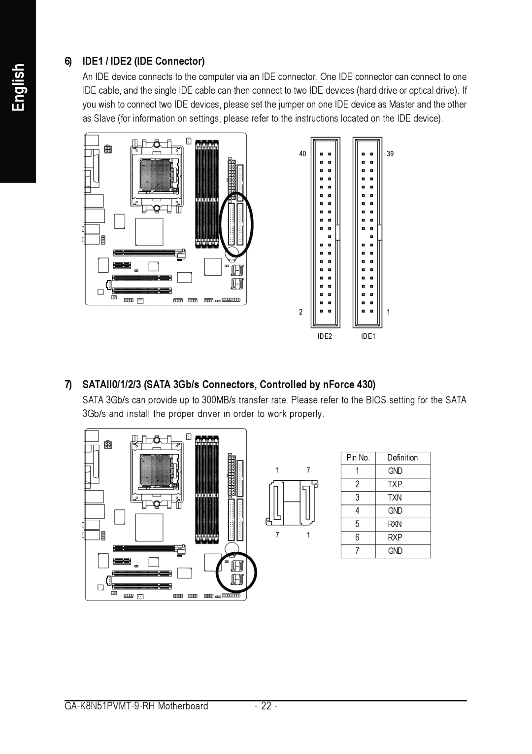 Gigabyte GA-K8N51PVMT-9-RH user manual IDE1 / IDE2 IDE Connector, SATAII0/1/2/3 Sata 3Gb/s Connectors, Controlled by nForce 