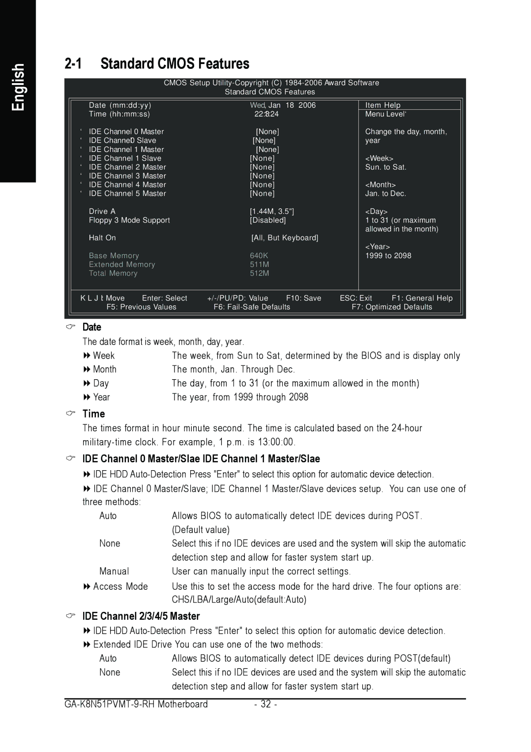 Gigabyte GA-K8N51PVMT-9-RH user manual Standard Cmos Features, Time, IDE Channel 0 Master/Slave IDE Channel 1 Master/Slave 