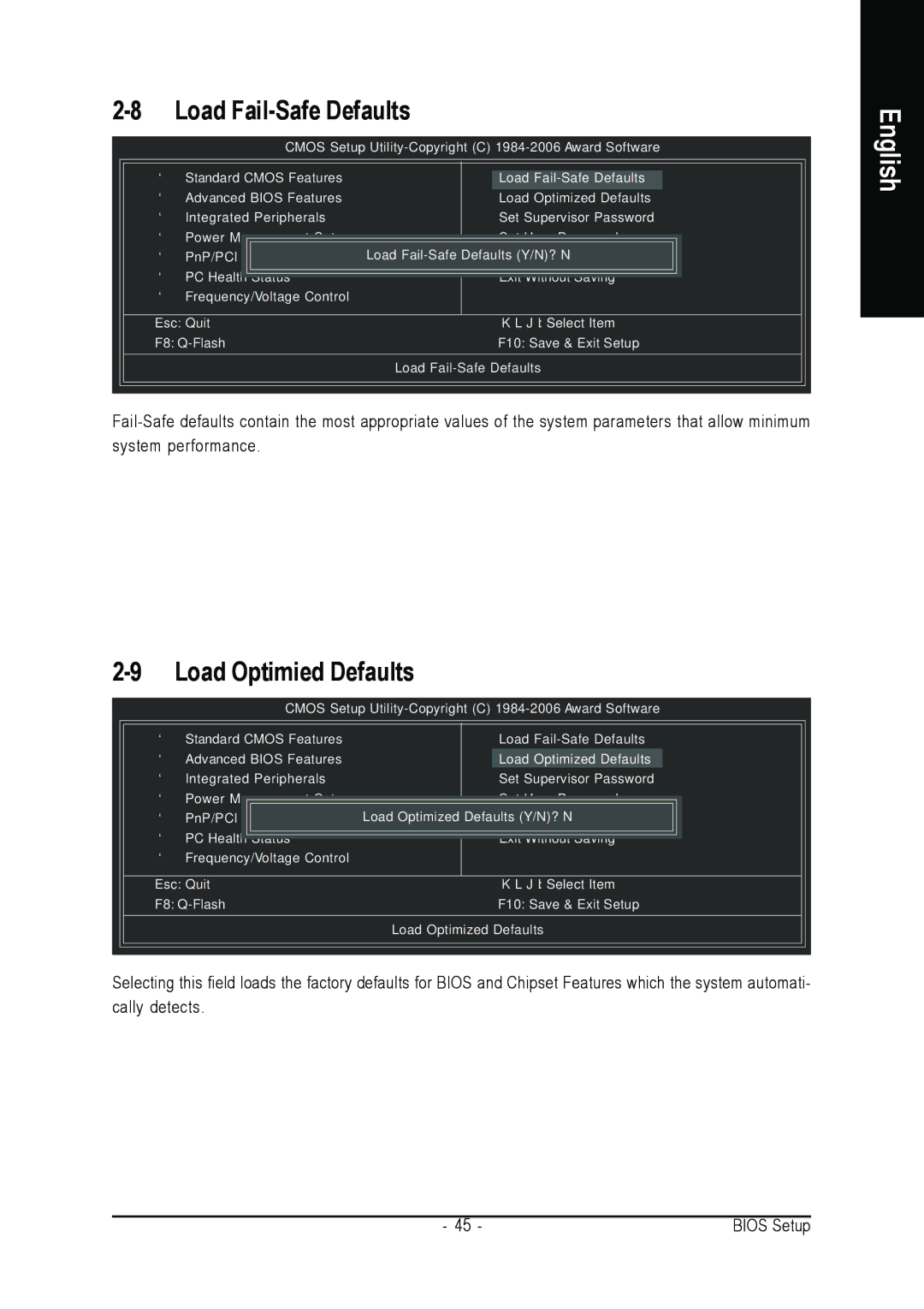 Gigabyte GA-K8N51PVMT-9-RH user manual Load Fail-Safe Defaults, Load Optimized Defaults 