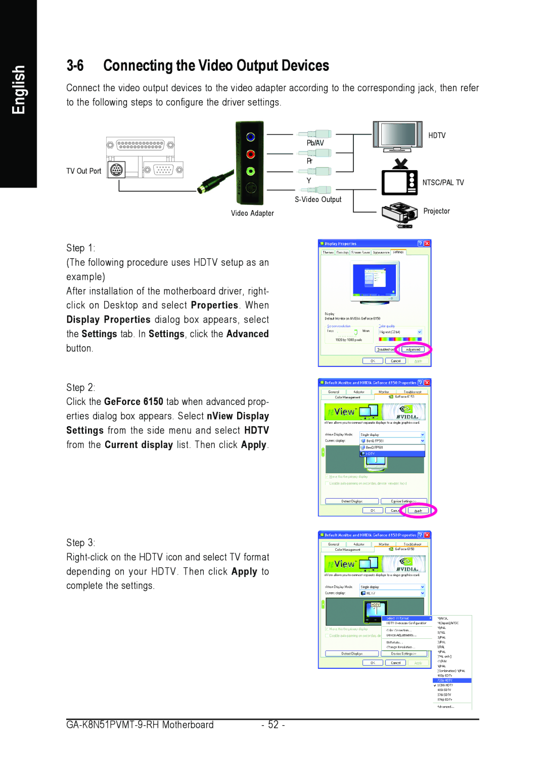 Gigabyte GA-K8N51PVMT-9-RH user manual Connecting the Video Output Devices 