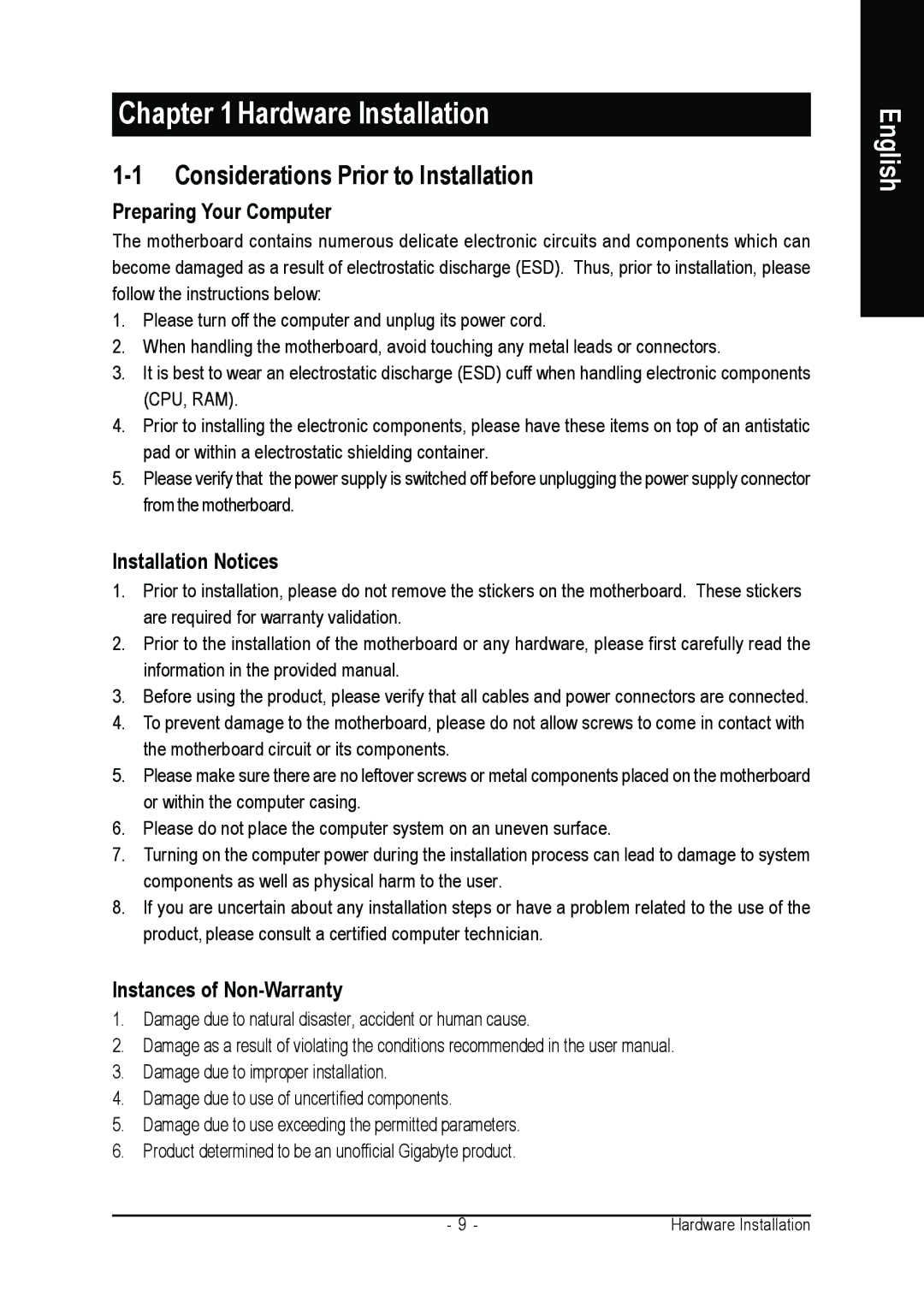 Gigabyte GA-K8N51PVMT-9-RH user manual Considerations Prior to Installation, Preparing Your Computer, Installation Notices 