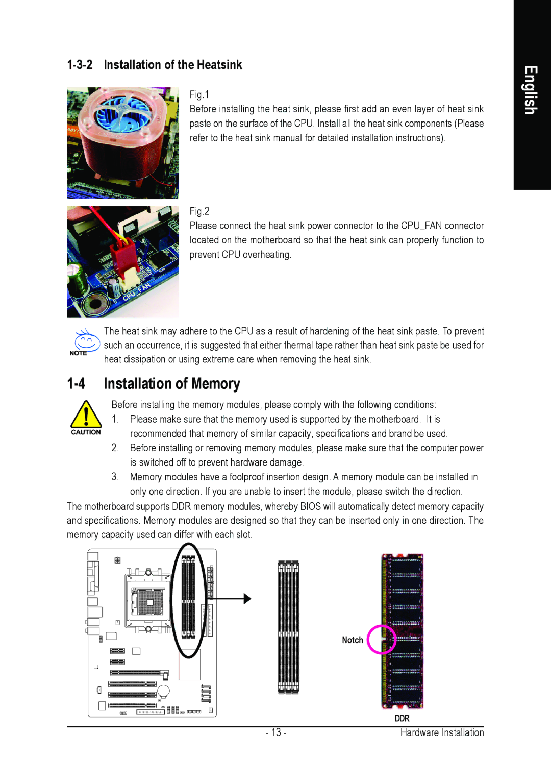 Gigabyte GA-K8NE-RH user manual Installation of Memory, Installation of the Heatsink 